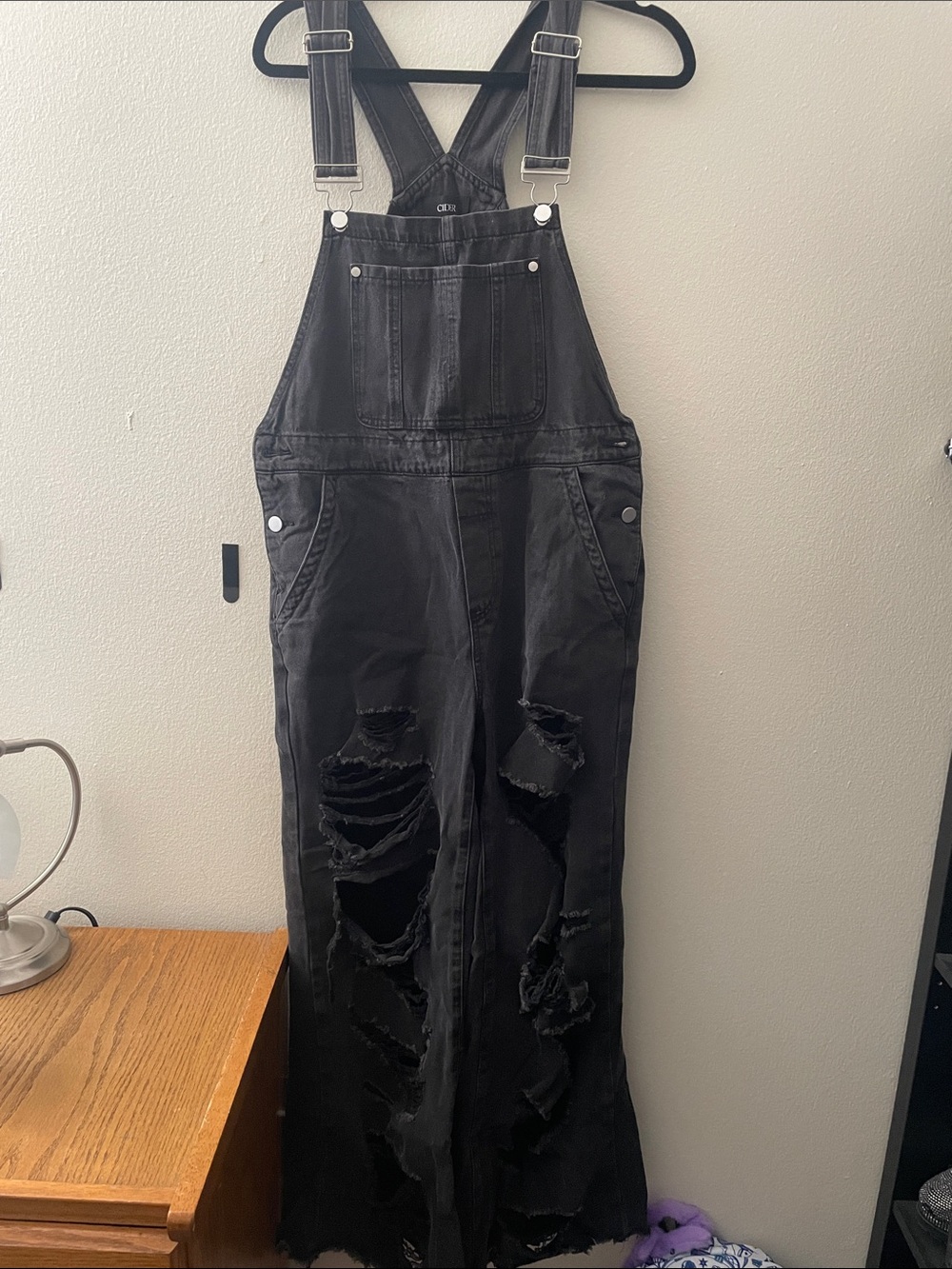 Cider Black Distressed Denim Overalls Jumpsuit